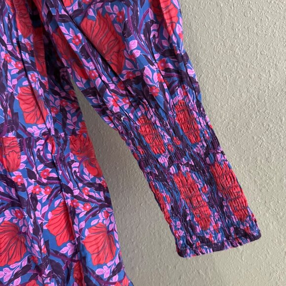 Bindu size XS Floral Smocked Dress Long Puff Sleeves, High Neck Multicolor - Picture 7 of 11